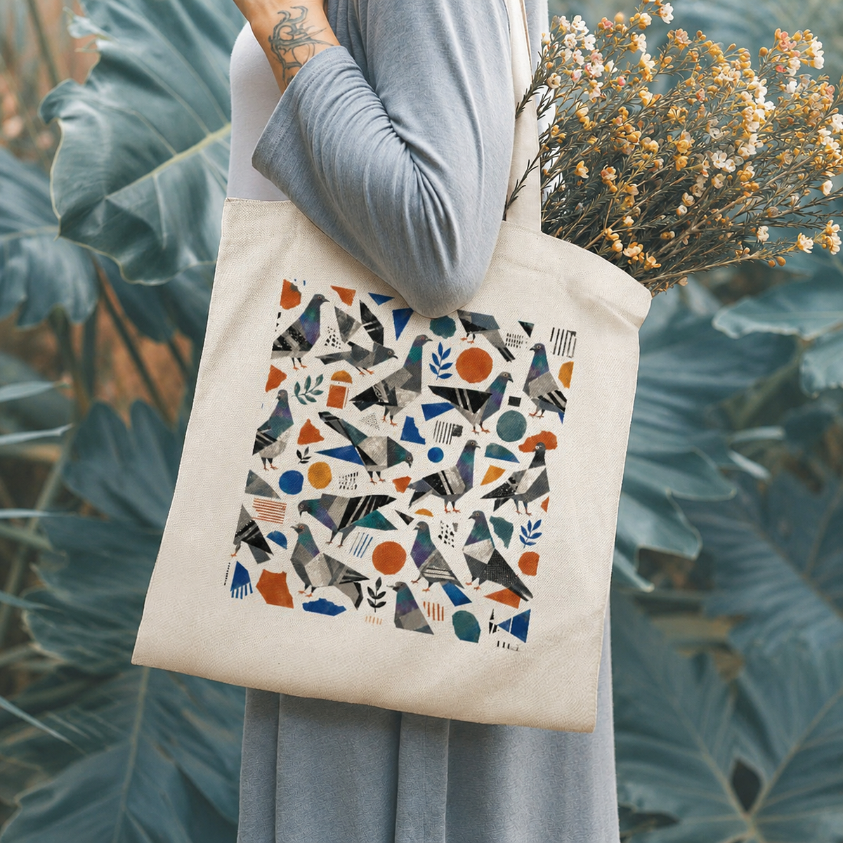 Sac fourre-tout en toile Pigeons collage – 34 × 40 cm