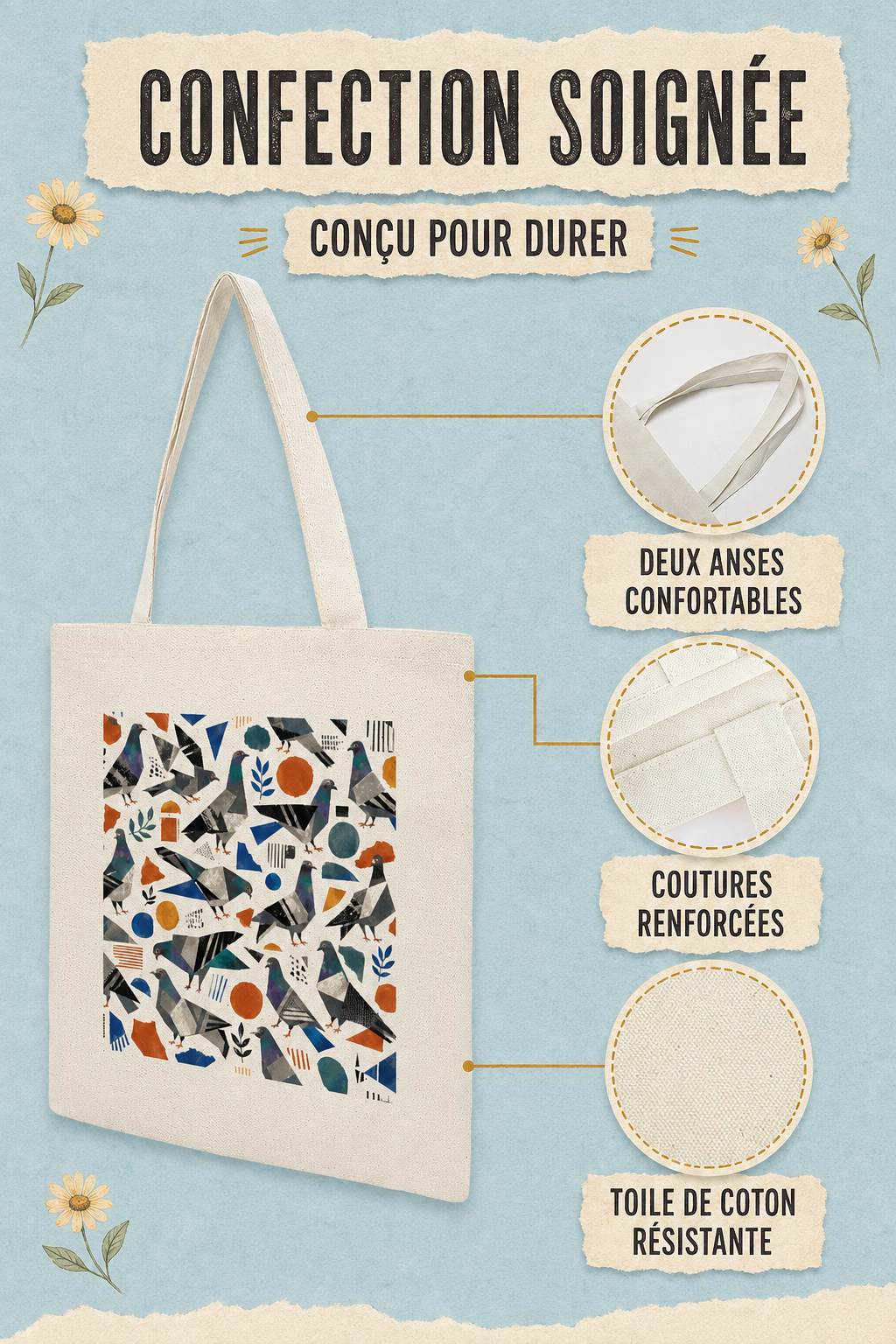 Sac fourre-tout en toile Pigeons collage – 34 × 40 cm