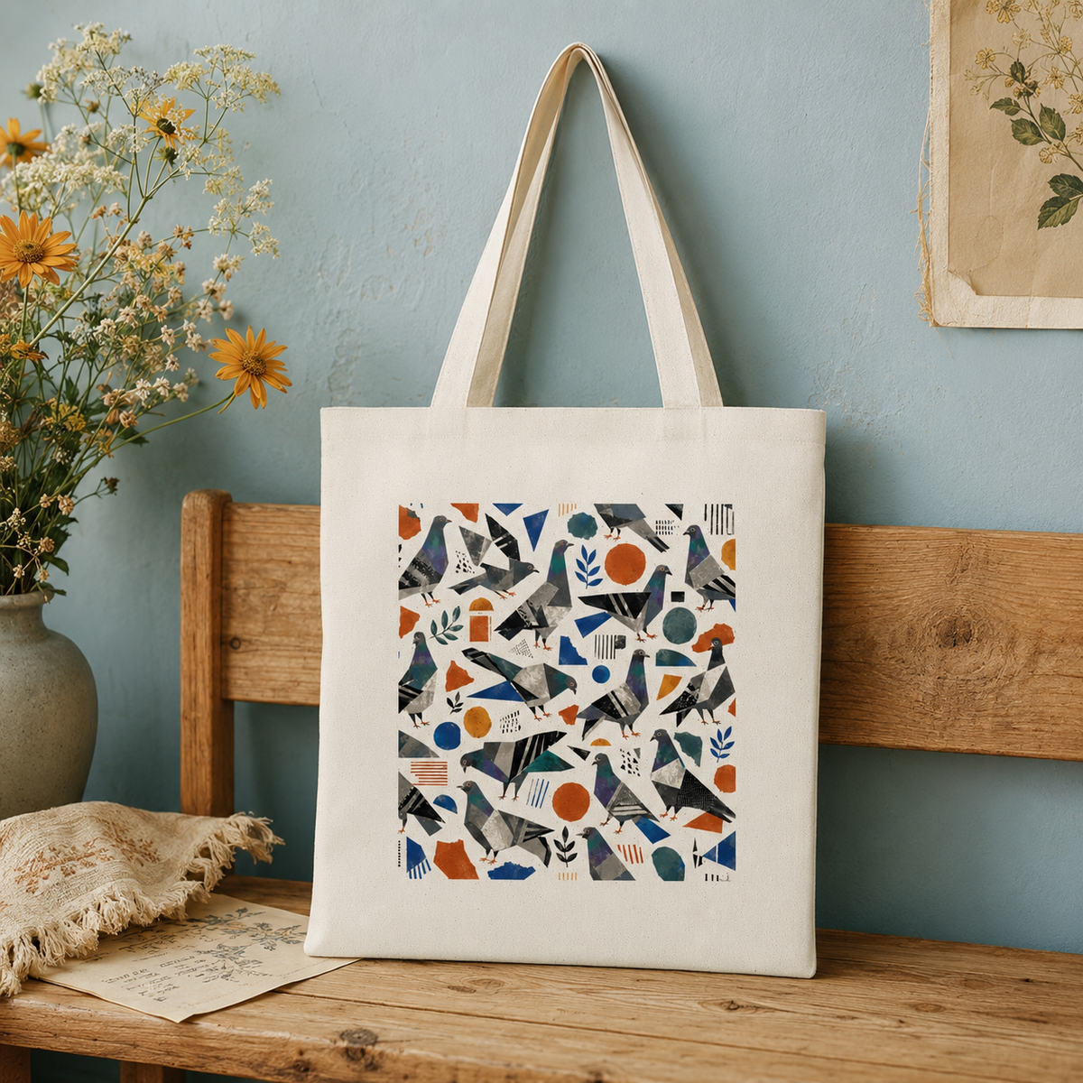 Sac fourre-tout en toile Pigeons collage – 34 × 40 cm