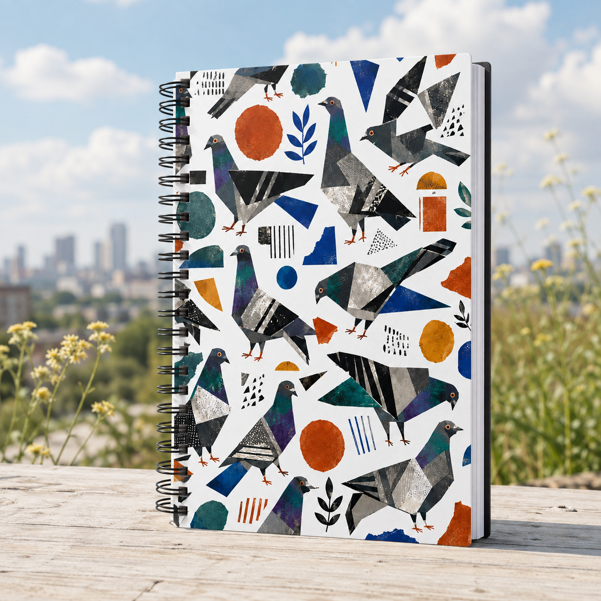 Cahier à spirale à motif de pigeons — Journal ligné aux illustrations d’oiseaux géométriques – vue principale | Écritournures
