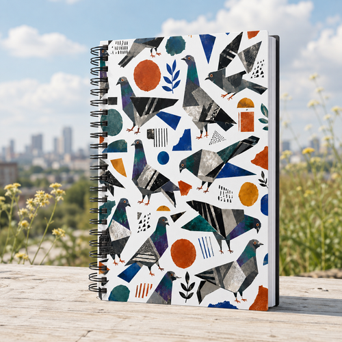 Cahier à spirale à motif de pigeons — Journal ligné aux illustrations d’oiseaux géométriques – vue principale | Écritournures