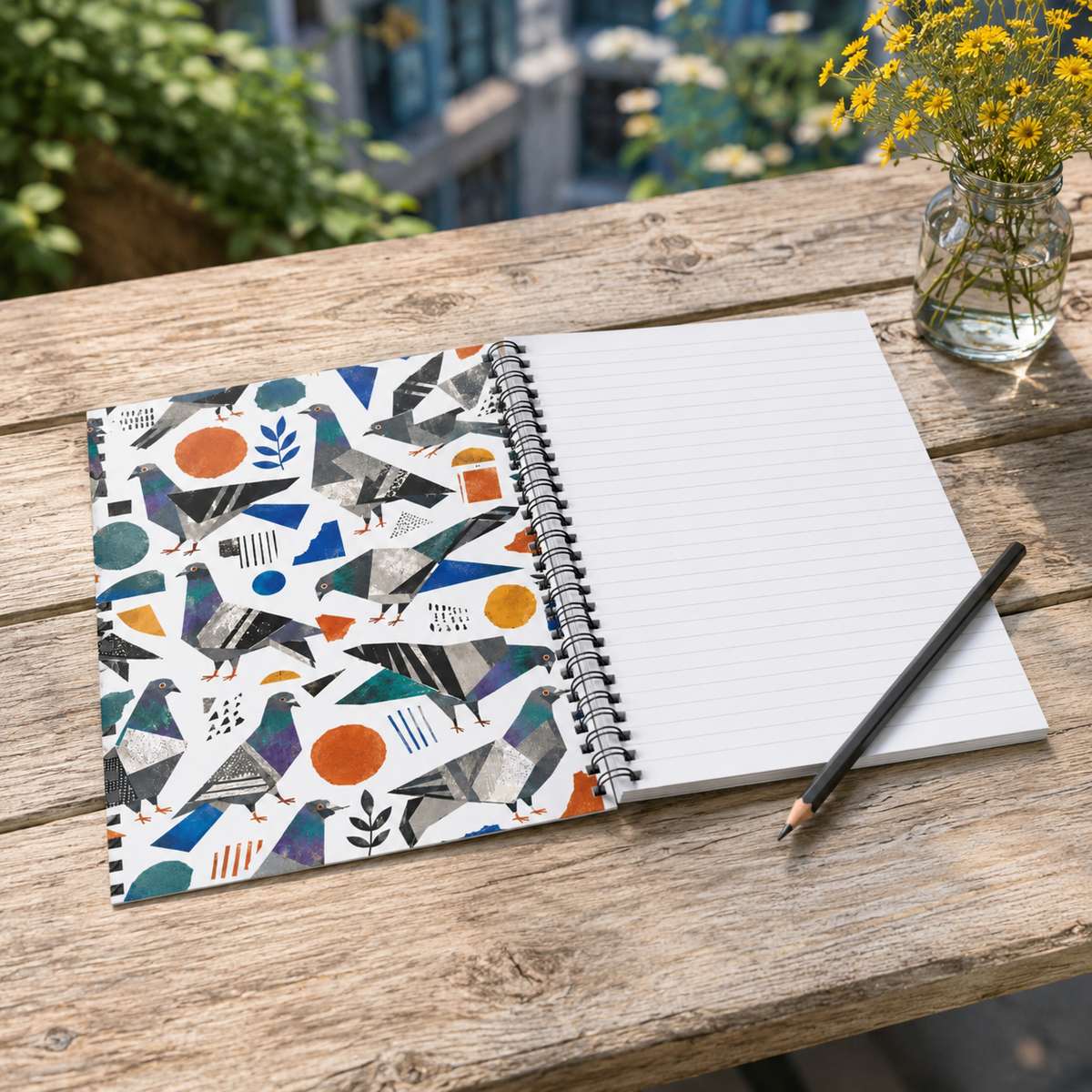 Cahier à spirale à motif de pigeons — Journal ligné aux illustrations d’oiseaux géométriques – vue 3 | Écritournures