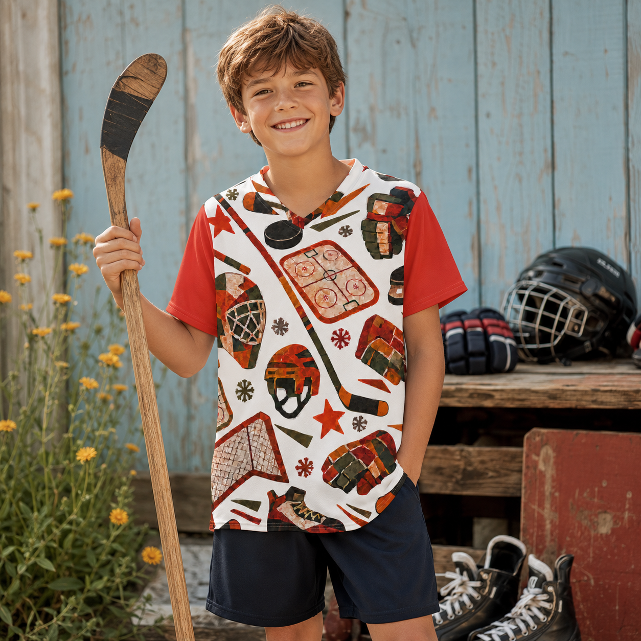 Garçon portant un chandail de sport pour enfant à motif de hockey rétro, illustré de casques, bâtons, rondelles et patins dans les teintes chaleureuses d’Écritournures