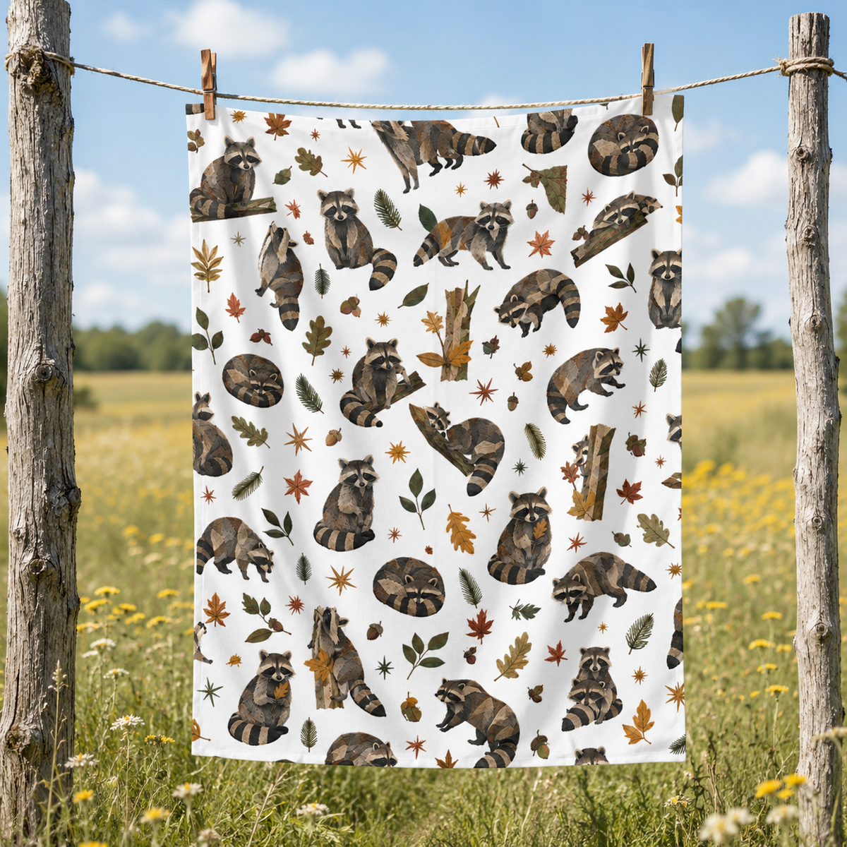Couverture d’emmaillotage pour bébé « Prairie des ratons laveurs » — Motif forestier automn – vue principale | Écritournures