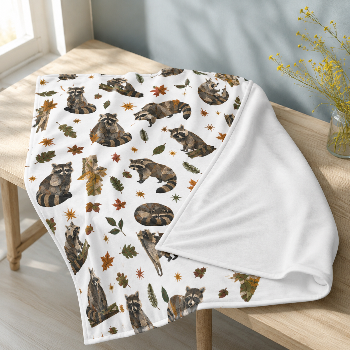 Couverture d’emmaillotage pour bébé « Prairie des ratons laveurs » — Motif forestier automnal – vue 2 | Écritournures