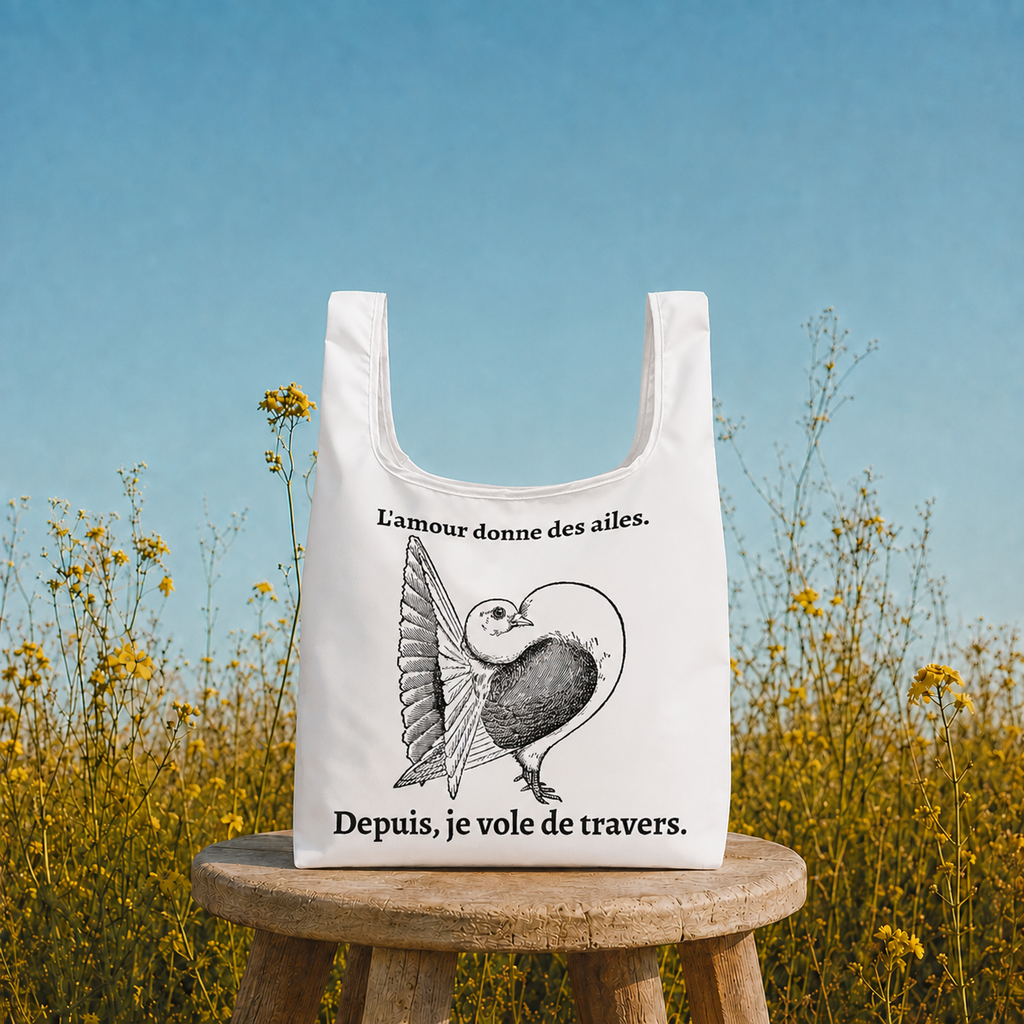 Pigeon - Vole de travers - Shopping bag – vue principale | Écritournures